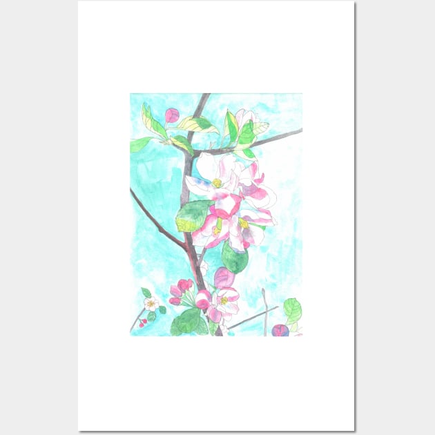 Pink apple blossom with blue sky in watercolor Wall Art by esvb